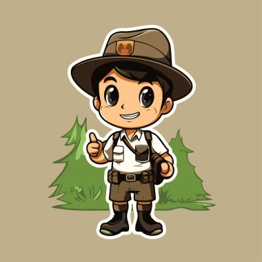 Şapkası ve askısı vektör çizimi olan safari kostümlü yakışıklı bir çocuk.