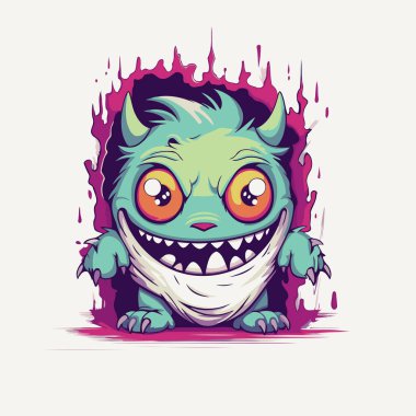Komik çizgi film canavarı. Vektör çizimi. Logo için tasarım elemanı. Etiket. İmzala. poster.