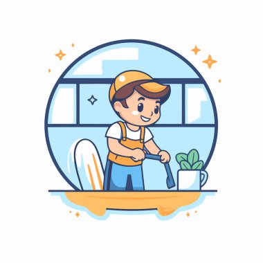 Mutfakta bulaşık yıkayan küçük bir çocuğun vektör çizimi. Çizgi film biçimi.