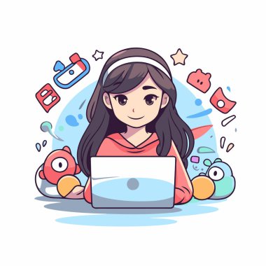 Laptop kullanan şirin küçük kız. Çizgi film tarzında vektör illüstrasyonu.