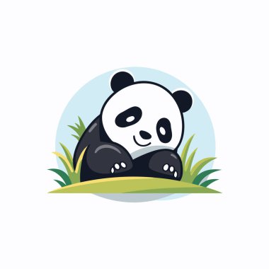 Çimenlerdeki panda. Beyaz arkaplanda vektör illüstrasyonu.