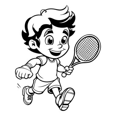 Tenis ya da Spor Rengi Kitabı Oynayan Bir Çocuğun Siyah ve Beyaz Çizgi Filmleri