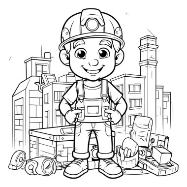 Siyah ve Beyaz Çizgi Film Çocuk İnşaat İşçi Çizgi Roman Karakteri