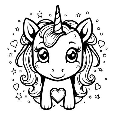 Yürekli şirin tek boynuzlu at çizgi filmi. Boyama kitabı için Vektör illüstrasyonu.