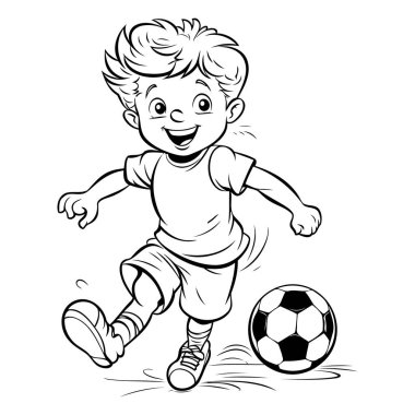 Futbol oynayan sevimli çizgi film çocuğu. Siyah ve beyaz vektör çizimi.