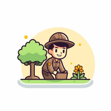 Bahçede çalışan çiftçi. Düz biçim vektör illüstrasyonu.