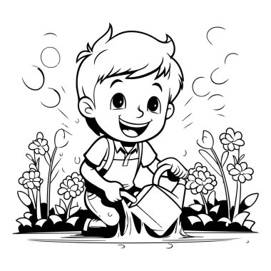 Çocuk çiçekleri sulama tenekesiyle suluyor. Siyah beyaz illüstrasyon.