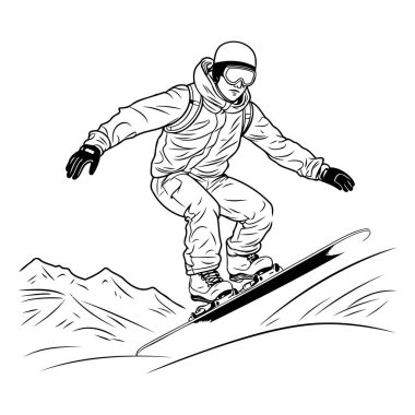 Dağlarda atlayan bir snowboardcu. Tek renkli vektör illüstrasyonu.