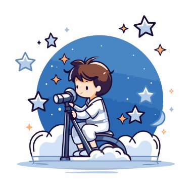 Teleskop kullanan sevimli küçük bir kız. Çizgi film tarzında vektör illüstrasyonu.