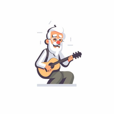 Yaşlı adam gitar çalıyor. Beyaz arkaplanda izole vektör illüstrasyonu.