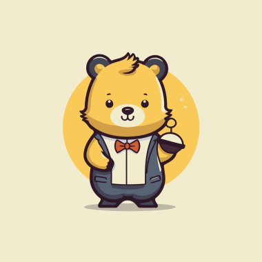 Takım elbiseli şirin bir ayı ve kahve fincanıyla papyon. Vektör illüstrasyonu.