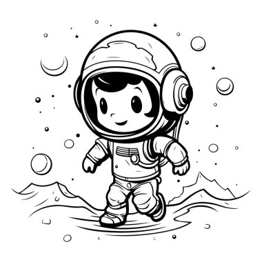 Uzayda bir astronot. Siyah ve beyaz vektör çizimi.