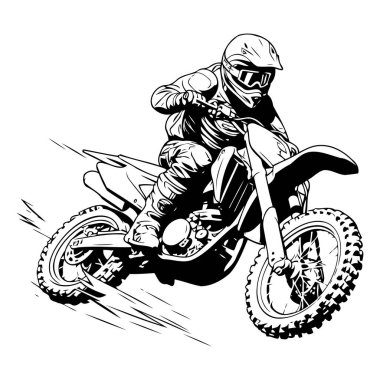 Motokros motosikletli bir sürücü. Siyah ve beyaz vektör çizimi.