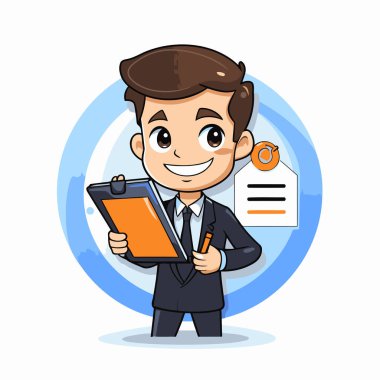 İş adamı pano ve listeyi tutuyor. Çizgi film tarzında vektör illüstrasyonu.