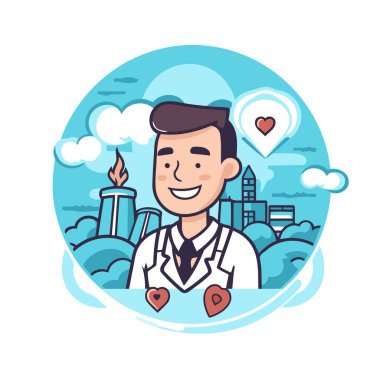 Şehrin arka planında bir doktorun vektör çizimi. Düz biçim.