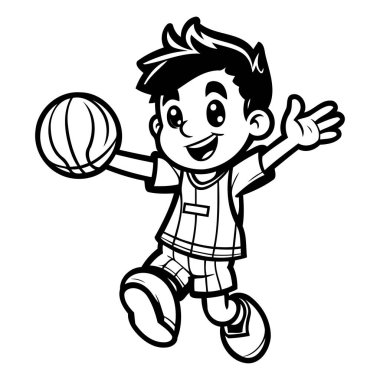 Çocuk voleybol oynuyor. Siyah ve Beyaz Çizgi Film İllüstrasyonu. Vektör