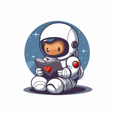 Astronot, beyaz arka planda izole edilmiş bir kitap okuyor. Vektör illüstrasyonu