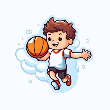 Basketbol oynayan şirin küçük çocuk Maskot Karakteri Çizimi