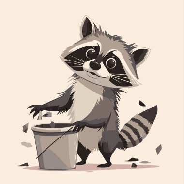 Bir kova suyla sevimli bir rakun. Vektör illüstrasyonu.