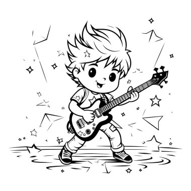 Cute boy playing the electric guitar. Vector illustration in black and white. clipart