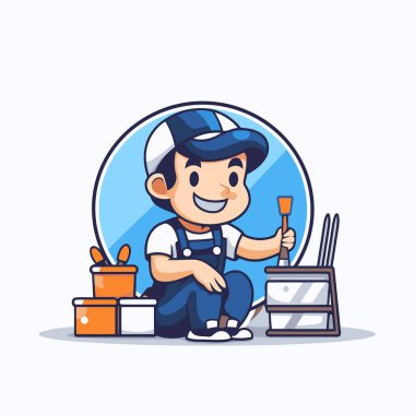 Fırça ve boyayla tamirci. Çizgi film tarzında vektör illüstrasyonu