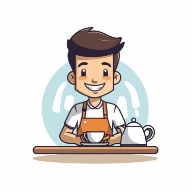 Kahve dükkanı çalışanı elinde bir fincan kahve tutuyor. Vektör illüstrasyonu.