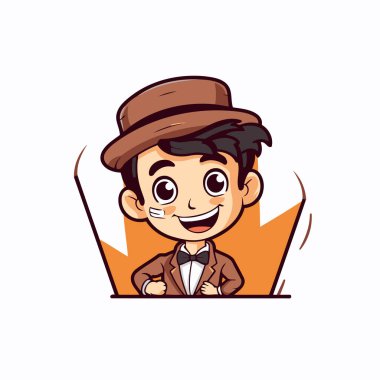 Şapkalı ve papyonlu sevimli çizgi film çocuğu. Vektör illüstrasyonu.