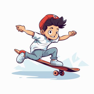 Beyaz arka planda izole bir şekilde kaykay süren bir çocuğun vektör çizimi