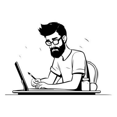 Dizüstü bilgisayarda çalışan adam. Çizgi film tarzında siyah ve beyaz vektör çizimi.