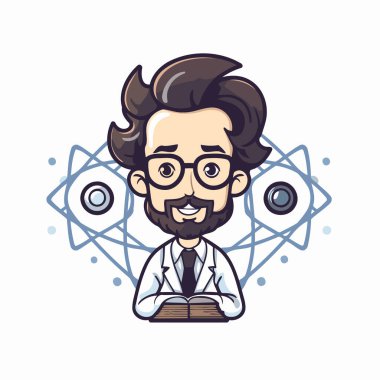 Kitabı olan çizgi film bilimcisi. Düz bir şekilde vektör illüstrasyonu.