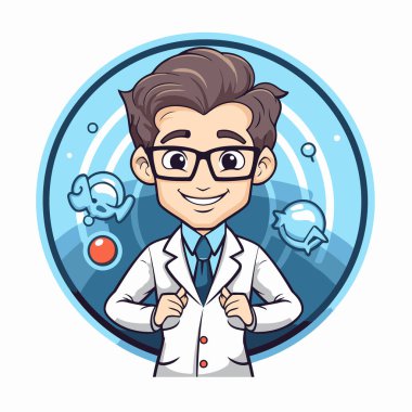 Laboratuvar önlüğü ve gözlüklü komik karikatürist bilim adamı. Vektör illüstrasyonu.