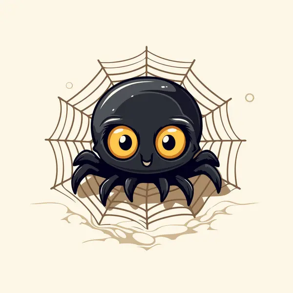 Cute Black Spider Big Eyes Web Vector Illustration — Stock Vector