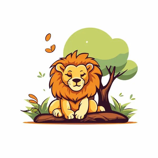 Lion Assis Sur Rocher Dans Jungle Illustration Vectorielle — Image vectorielle