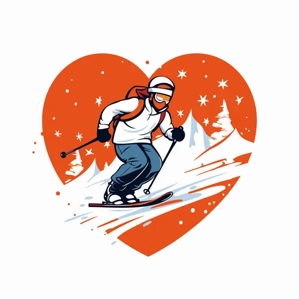 Ilustração Vetorial Esquiador Forma Coração — Vetor de Stock