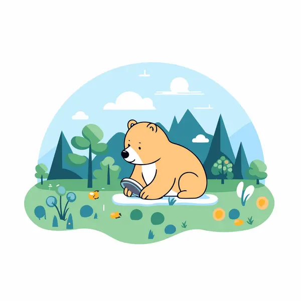 Χαριτωμένο Αρκουδάκι Στο Πάρκο Εικονογράφηση Διάνυσμα Επίπεδο Στυλ — Διανυσματικό Αρχείο