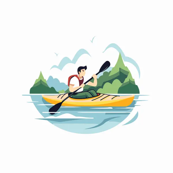Man Kayak Lake Flat Style Vector Illustration — Stock Vector