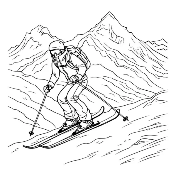 山でスキーをする男 黒と白のベクトルイラスト — ストックベクタ