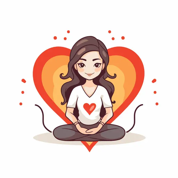 Kırmızı kalbin arka planında lotus pozisyonunda meditasyon yapan bir kız.