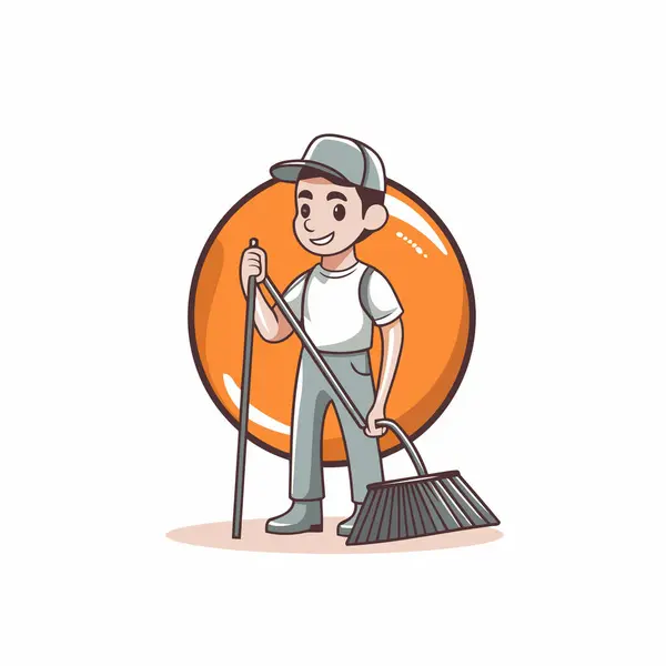 Desenhos Animados Ilustração Vetorial Trabalhador Serviço Limpeza Com Vassoura Balde — Vetor de Stock