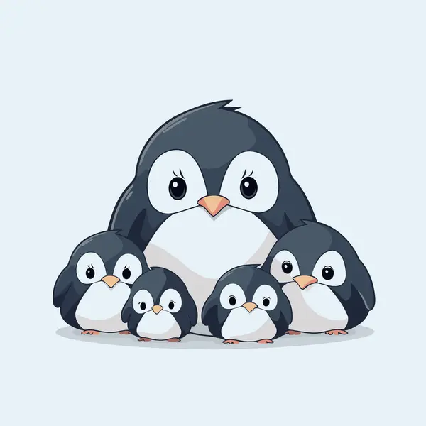 Família Pinguins Bonito Fundo Azul Ilustração Vetorial — Vetor de Stock