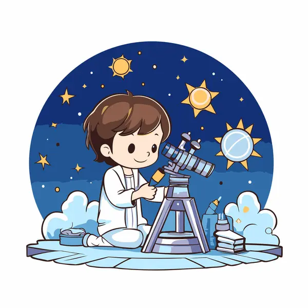 Boy Telescope Books Cartoon Icon Astronomy Science Education Theme Colorful — Stock Vector