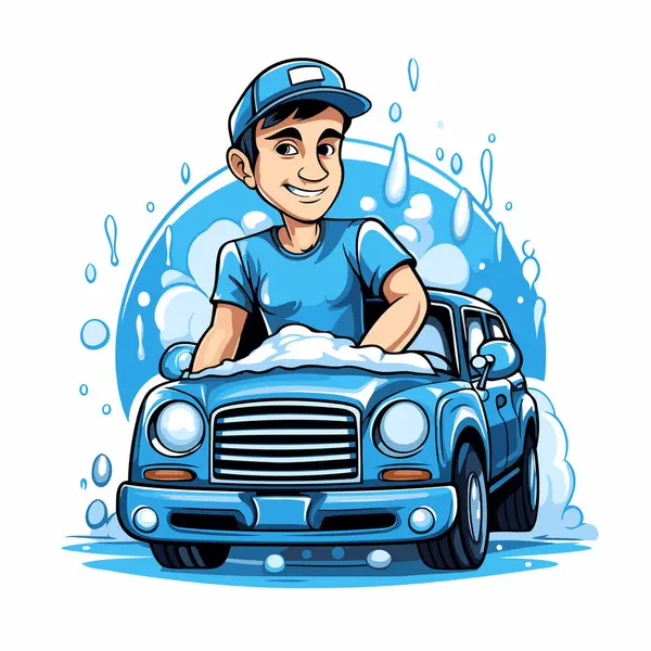 Vector Illustration Man Washing His Car Soap Water — Stock Vector