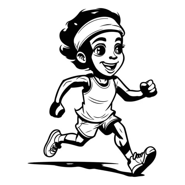 Black White Illustration Little Boy Running Cap — Stock Vector