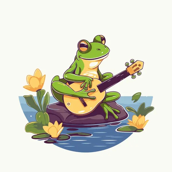 Frog Sitting Rock Guitar Flowers Vector Illustration — Stock Vector