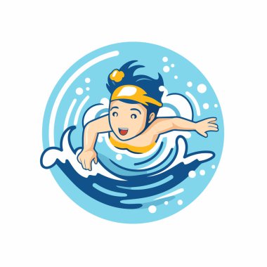Yüzme Havuzu Simgesi. Havuzda yüzen bir adamın vektör çizimi.