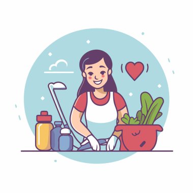 Evi temizleyen bir kadının vektör çizimi. Temizlik hizmeti kavramı.