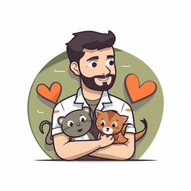 Kollarında kedi tutan sakallı bir adamın vektör çizimi..
