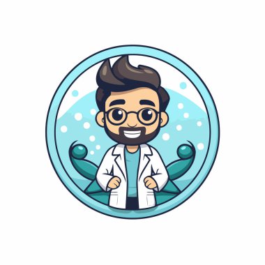Yuvarlak rozetli bir karikatür doktorunun vektör çizimi. Vektör illüstrasyonu.