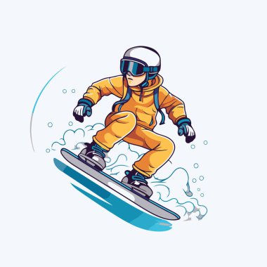 Snowboardcu kask takıyor ve snowboard yapıyor. Vektör illüstrasyonu.