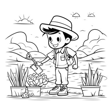 Bahçedeki çiçekleri kürekle sulayan bir çocuk. Vektör illüstrasyonu.